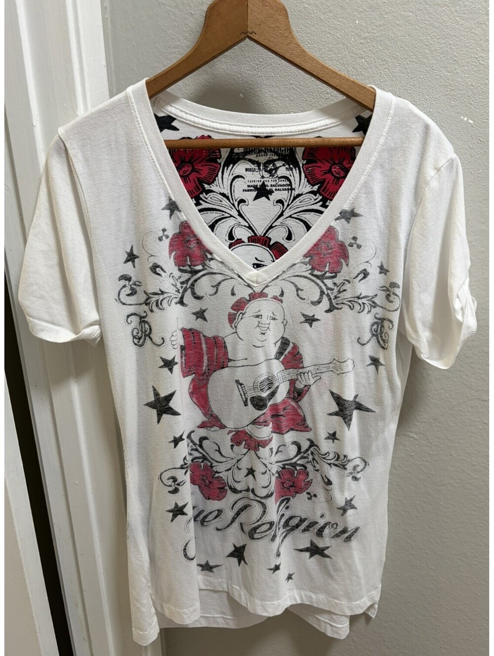 True Religion V-Neck Graphic Buddha Logo T-Shirt White Sz L